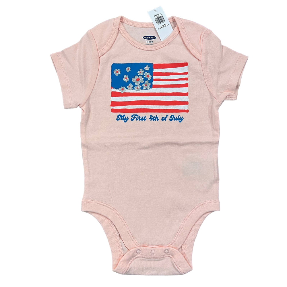 NWT Old Navy Pink Baby My 1st 4th of July Flag Graphic Bodysuit